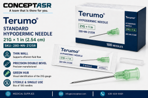 Terumo 21G × 1 in thin-wall hypodermic needle with precision double-bevel tip and green hub, sterile, box of 100, SKU 280-NN-2125R.