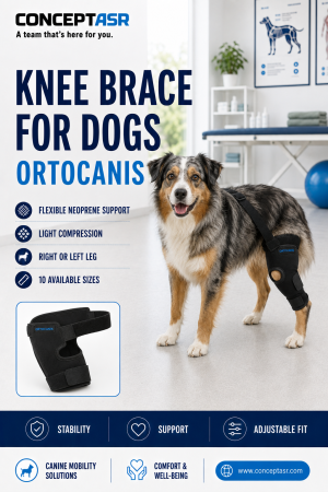 Dog wearing an Ortocanis neoprene knee brace
