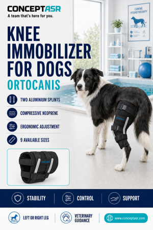 Knee Immobilizer for Dogs by Ortocanis with two lateral aluminium splints on a rear leg