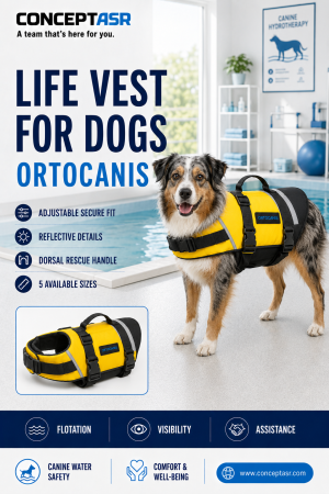 Dog wearing a yellow Ortocanis life vest beside a hydrotherapy pool