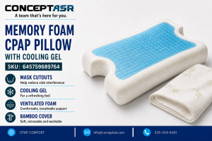 Best in Rest memory foam CPAP pillow with blue cooling gel layer, mask cutouts and bamboo cover
