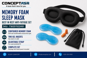 Best in Rest memory foam sleep mask with two blue gel inserts, earplugs and travel pouch