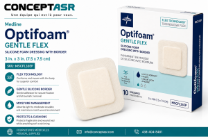 Medline Optifoam Gentle Flex 3 inch by 3 inch silicone foam dressing with border by ConceptASR for podiatry, diabetic foot care and advanced wound management.
