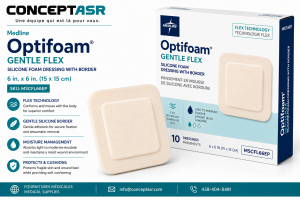 Medline Optifoam Gentle Flex 6 inch by 6 inch silicone foam dressing with border by ConceptASR for podiatry, diabetic foot care and advanced wound management.