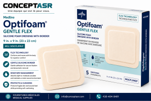 Medline Optifoam Gentle Flex 9 inch by 9 inch silicone foam dressing with border by ConceptASR for large wounds, podiatry and advanced wound management.