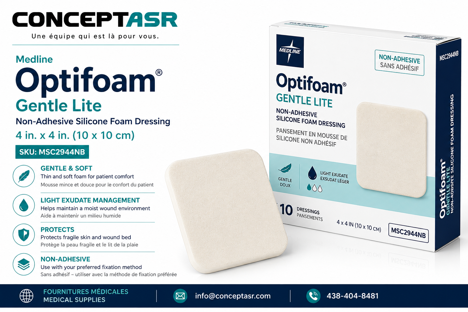 Medline Optifoam Gentle Lite non-adhesive 4 inch by 4 inch silicone foam dressing by ConceptASR for podiatry, diabetic foot care and professional wound management.