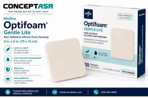 Medline Optifoam Gentle Lite Non-Adhesive 6 inch by 6 inch silicone foam dressing by ConceptASR for podiatry, diabetic foot care and professional wound management.