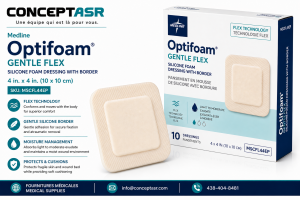 Medline Optifoam Gentle Flex 4 inch by 4 inch silicone foam dressing with border by ConceptASR for podiatry, diabetic foot care and advanced wound management.