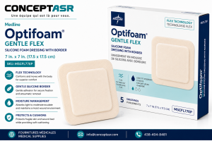 Medline Optifoam Gentle Flex 7 inch by 7 inch silicone foam dressing with border by ConceptASR for podiatry, diabetic foot care and advanced wound management.