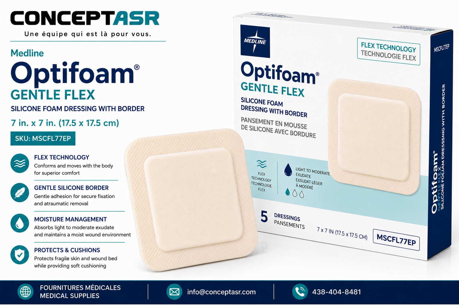 Medline Optifoam Gentle Flex 7 inch by 7 inch silicone foam dressing with border by ConceptASR for podiatry, diabetic foot care and advanced wound management.