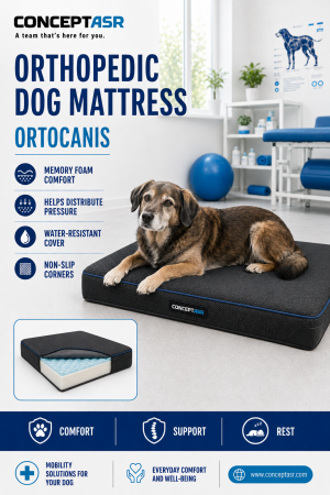 Senior dog resting on an Ortocanis orthopedic dog mattress