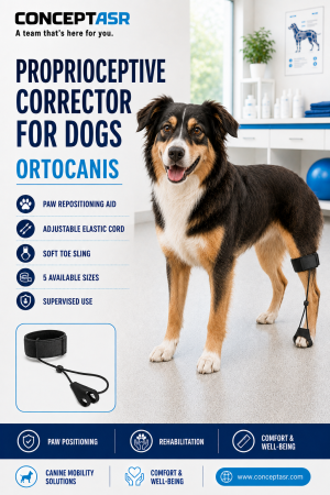 Dog wearing an Ortocanis proprioceptive corrector on a rear leg