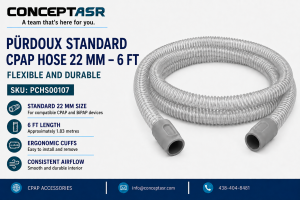 PÜRDOUX standard 22 mm clear CPAP hose measuring 6 ft with gray ergonomic rubber cuffs