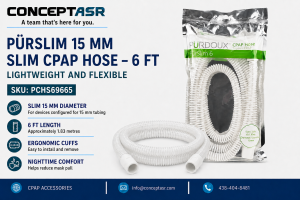 PÜRDOUX PürSlim white 15 mm CPAP hose measuring 6 ft with ergonomic cuffs and retail packaging