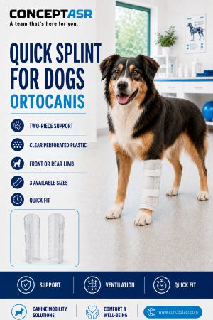 Dog wearing an Ortocanis clear two-piece quick splint