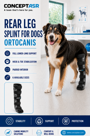 Dog wearing an Ortocanis rear leg splint