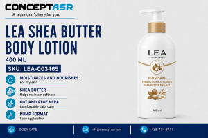 LEA shea butter body lotion 400 ml with oat and aloe vera in a pump bottle