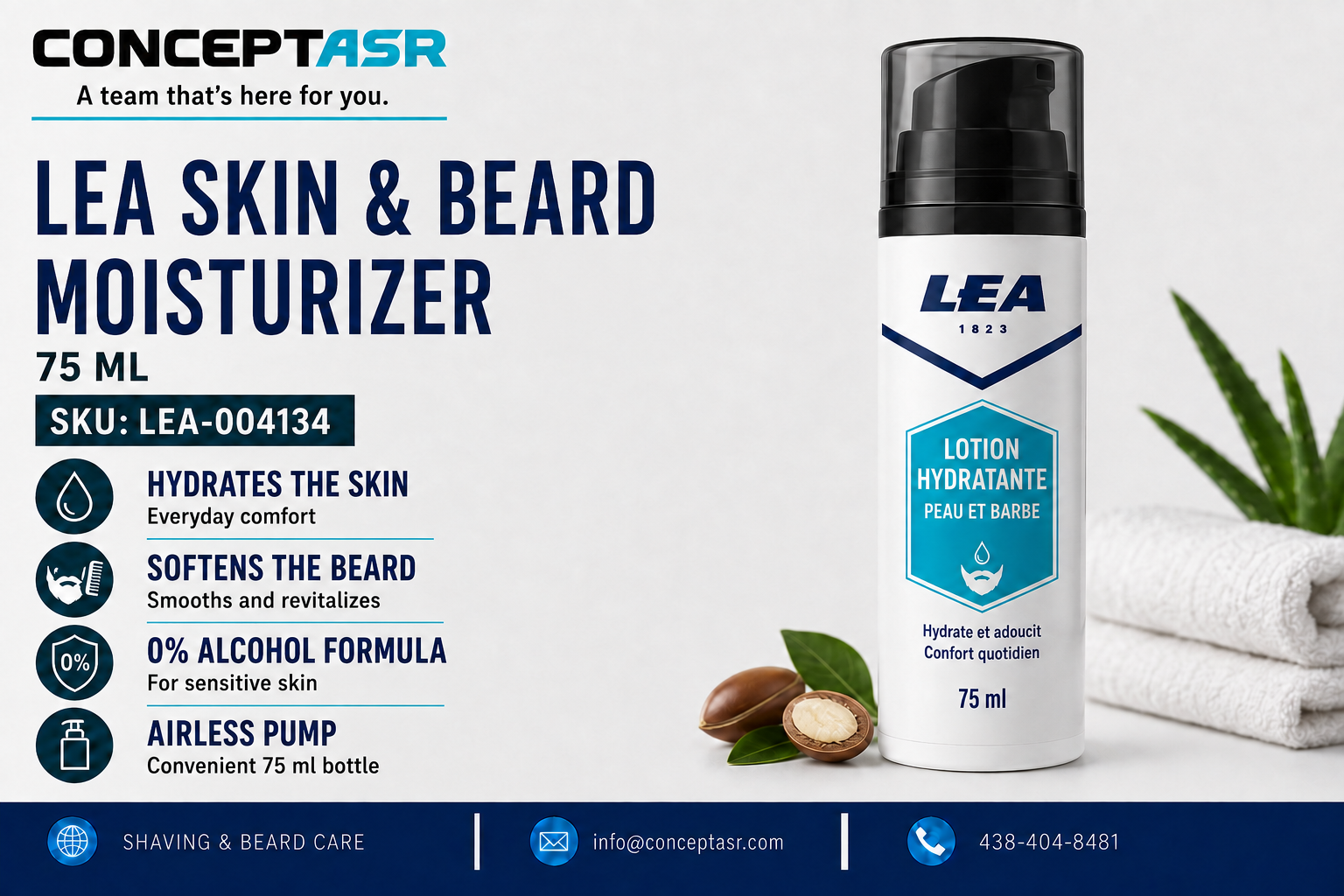 LEA alcohol-free moisturizing lotion for sensitive skin and beard care in a 75 ml airless bottle.