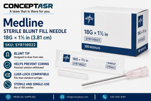Medline sterile blunt fill needle, 18G × 1½ in, Luer-lock compatible, box of 100, SKU SYR110022