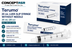 Terumo 20 mL Luer-Slip syringe without needle with ultra-clear barrel and bold graduations, box of 50