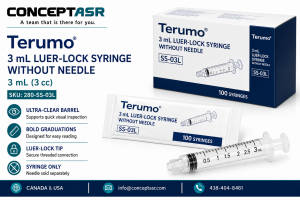 Terumo 3 mL Luer-Lock syringe without needle with clear barrel and bold graduations, box of 100