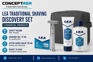 LEA traditional shaving discovery set with safety razor, 10 blades, shaving gel, after-shave balm and grey toiletry bag