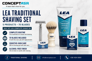 LEA traditional shaving set 5 products with safety razor, 70 blades, shaving brush, gel and after-shave lotion