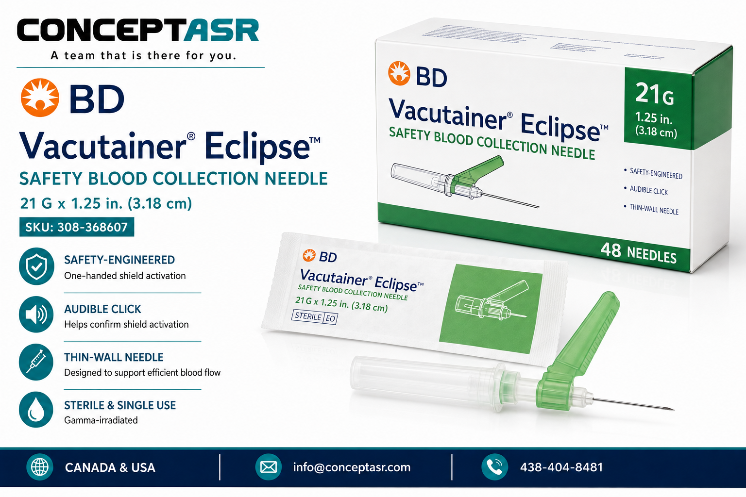 BD Vacutainer Eclipse blood collection needle 21 G x 1.25 in. with green safety shield, box of 48