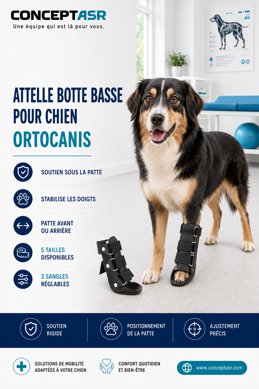 Attelle botte basse pour chien Ortocanis portée sur une patte avant