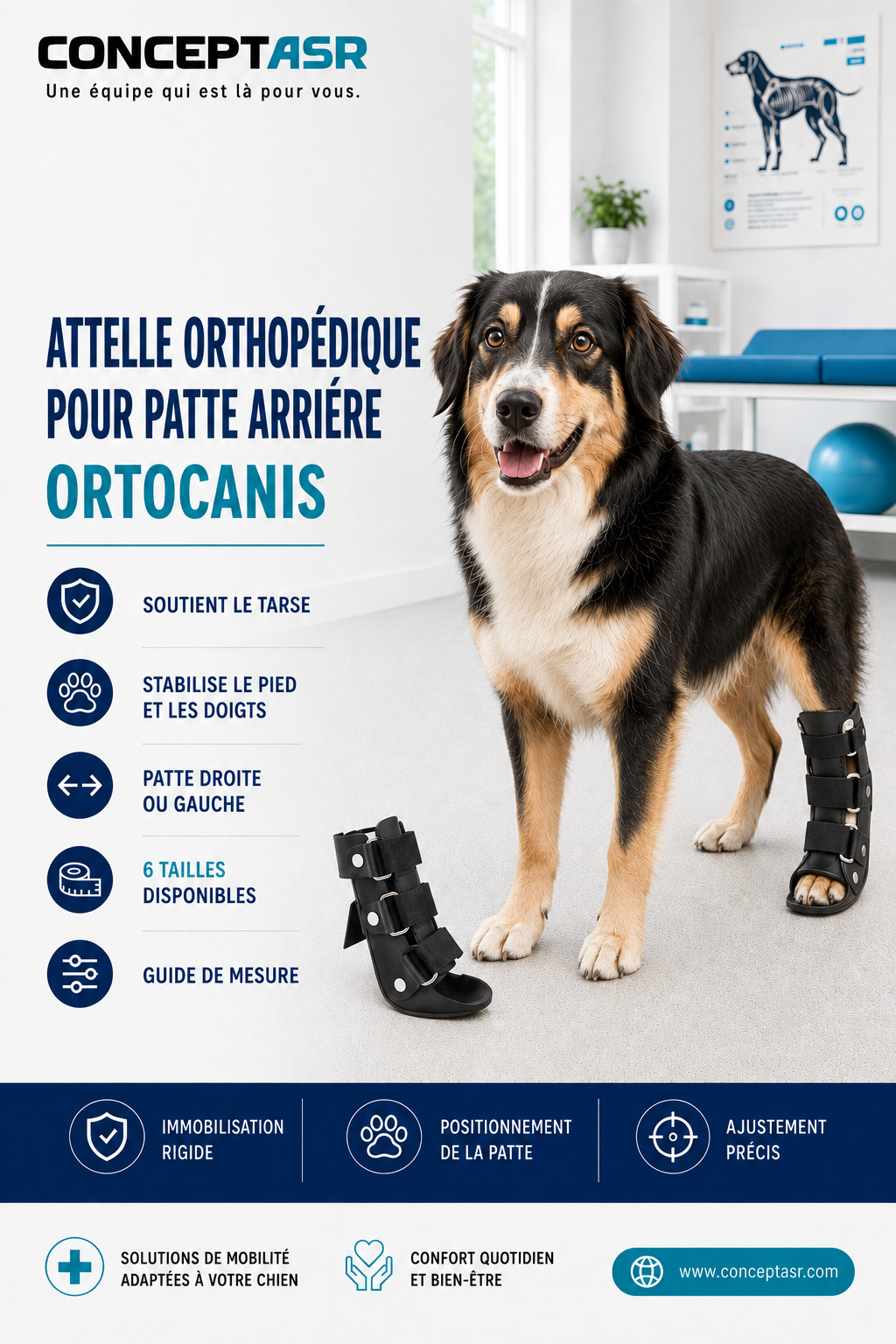 Attelle orthopédique pour patte arrière Ortocanis portée par un chien