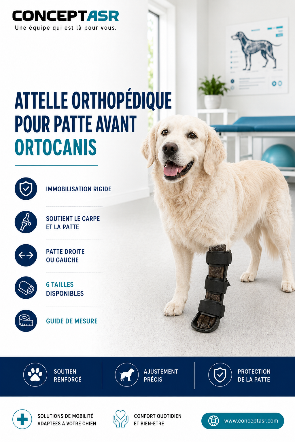 Attelle orthopédique pour chien Ortocanis portée sur la patte avant