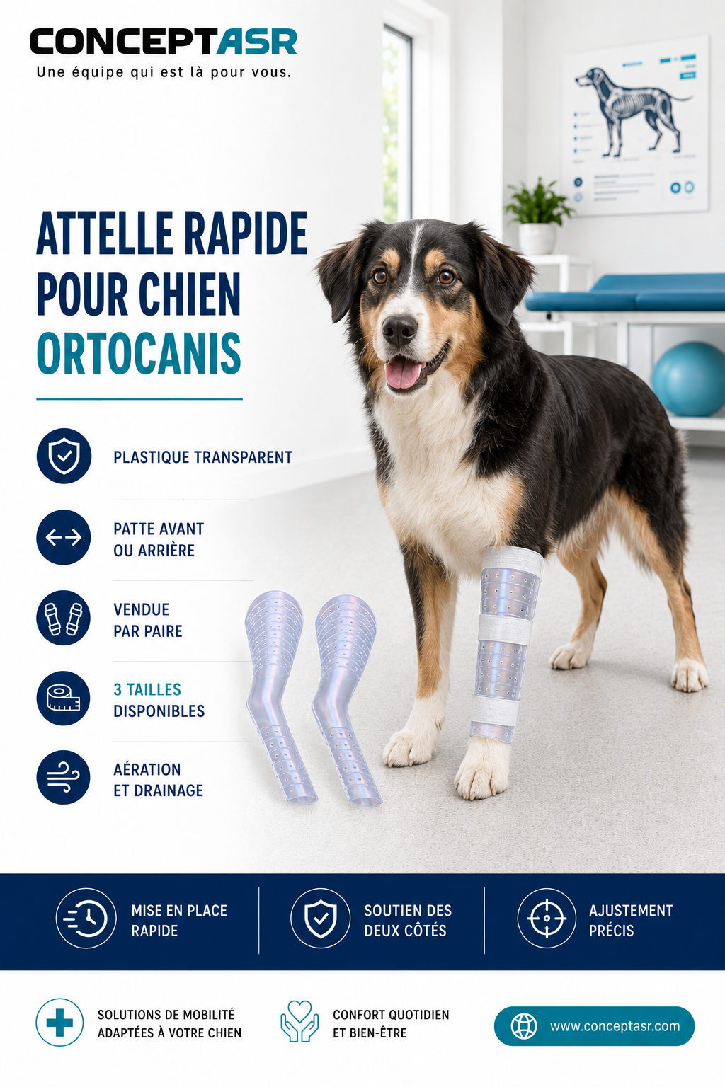 Attelle rapide pour chien Ortocanis installée sur une patte avant