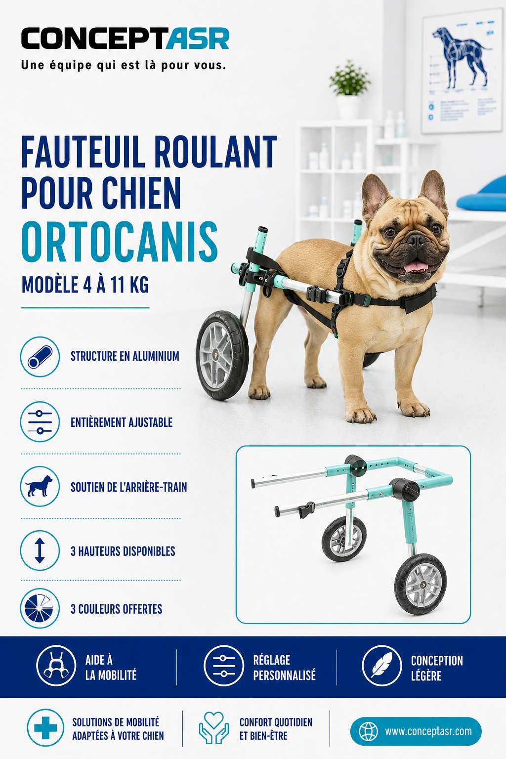 Fauteuil roulant ajustable pour chien Ortocanis de 4 à 11 kg