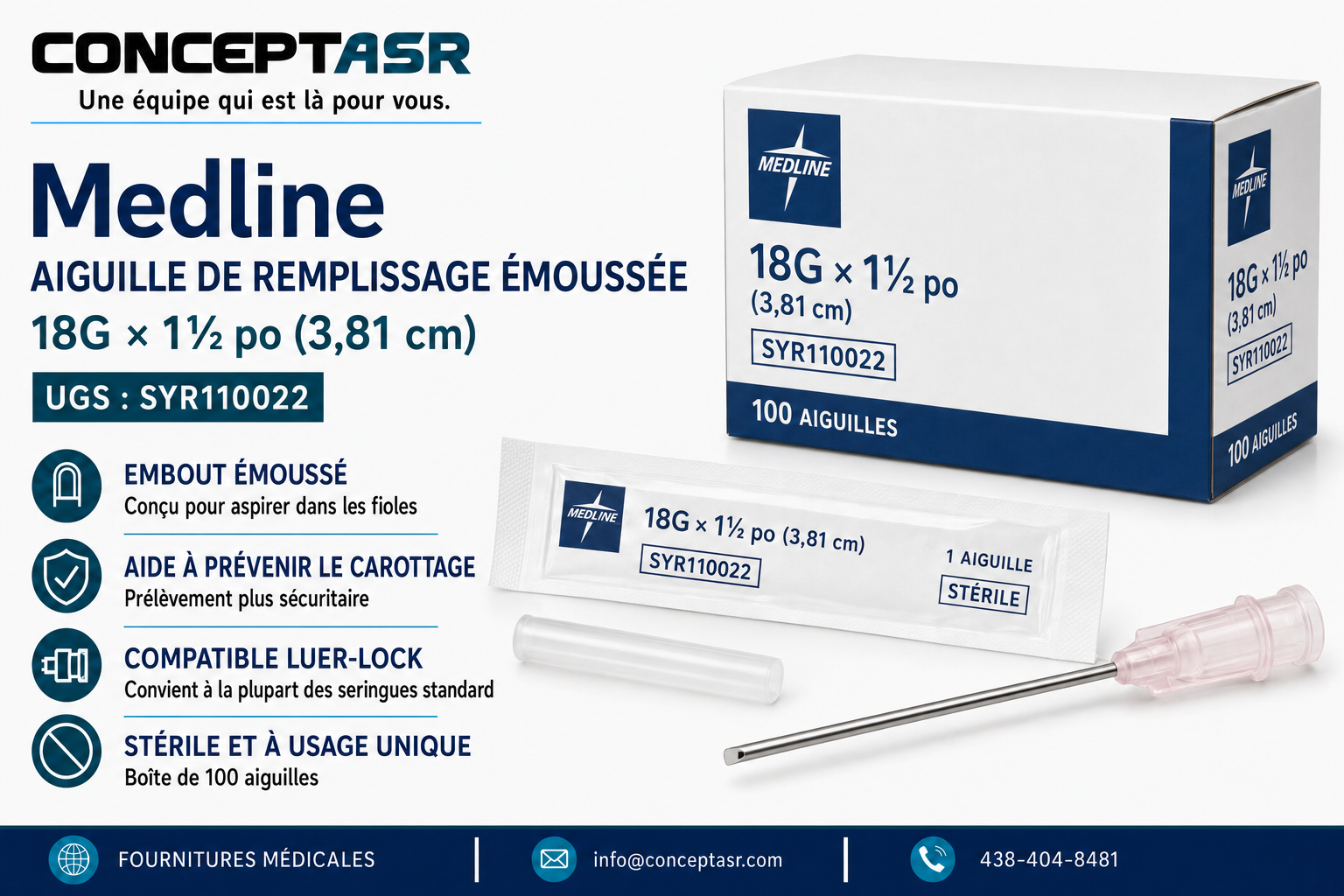 Aiguille de remplissage émoussée stérile Medline 18G × 1½ po, compatible Luer-Lock, boîte de 100, UGS SYR110022.