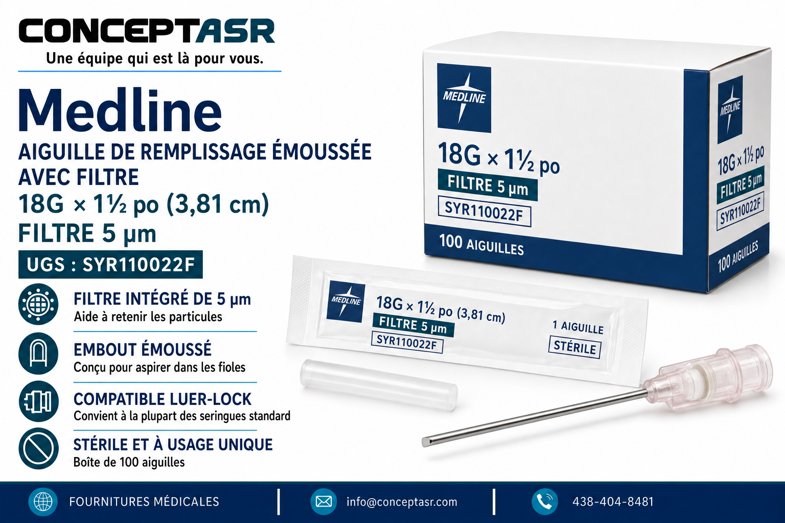 Aiguille de remplissage émoussée stérile Medline 18G × 1½ po avec filtre intégré de 5 µm, boîte de 100, UGS SYR110022F.