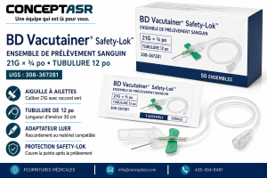 Ensemble de prélèvement sanguin BD Vacutainer Safety-Lok 21G × ¾ po avec ailettes vertes, tubulure de 12 po, adaptateur Luer et mécanisme de protection, boîte de 50, UGS 308-367308-367281.