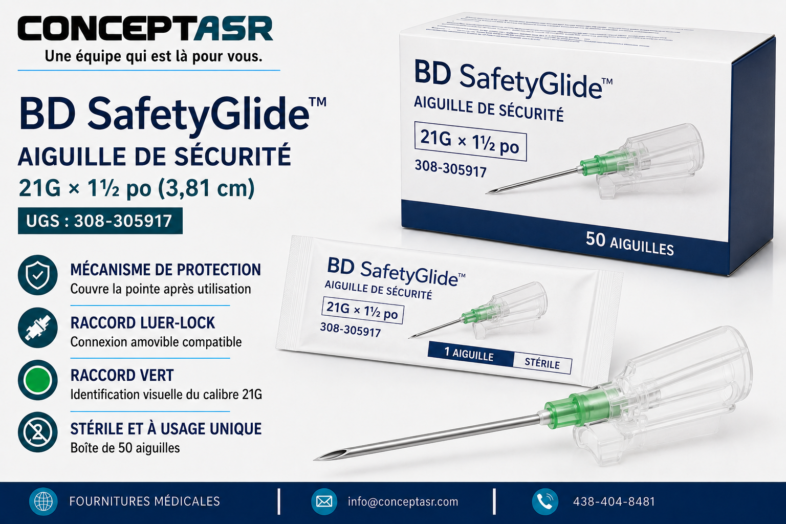 Aiguille de sécurité BD SafetyGlide 21G × 1½ po avec mécanisme de protection, raccord Luer-Lock vert, boîte de 50, UGS 308-305917.