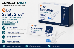 Aiguille hypodermique sécuritaire BD SafetyGlide 25 G x 5/8 po avec moyeu Luer-Lok bleu, boîte de 50