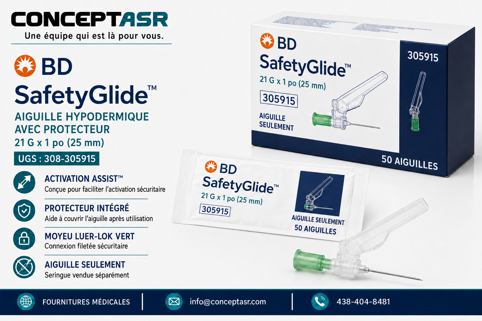 Aiguille hypodermique sécuritaire BD SafetyGlide 21 G x 1 po avec moyeu Luer-Lok vert, boîte de 50
