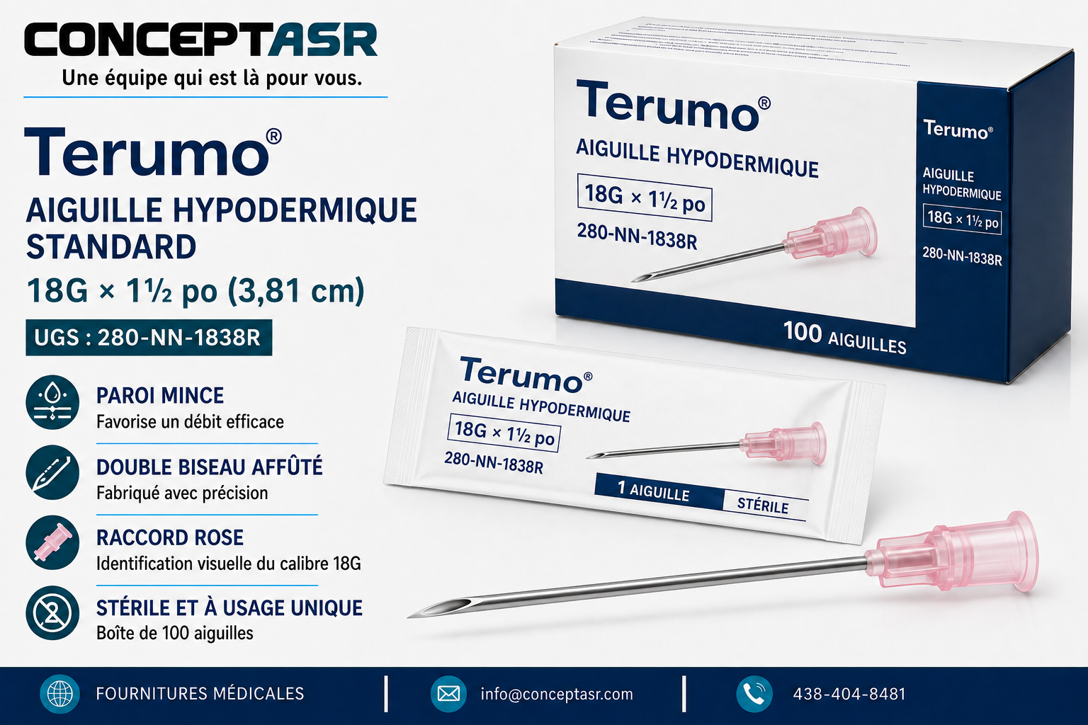 Aiguille hypodermique standard Terumo 18G × 1½ po à paroi mince avec raccord rose, stérile, boîte de 100, UGS 280-NN-1838R.