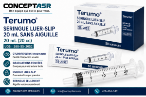 Seringue Terumo 20 mL sans aiguille avec embout Luer-Slip, boîte de 50 unités