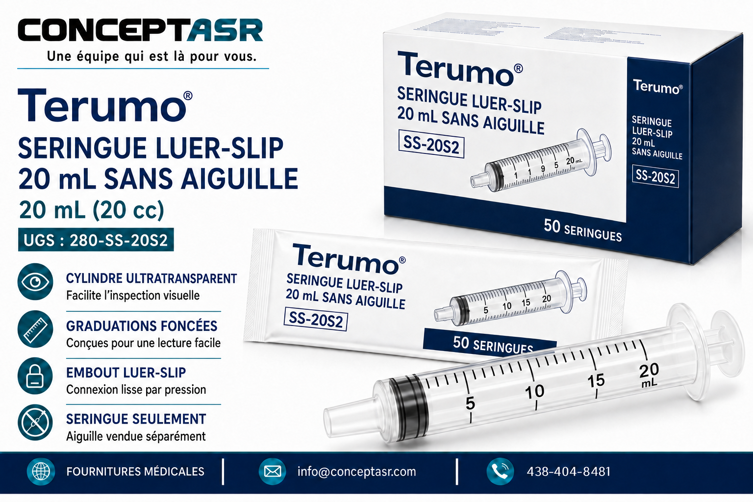 Seringue Terumo 20 mL sans aiguille avec embout Luer-Slip, boîte de 50 unités