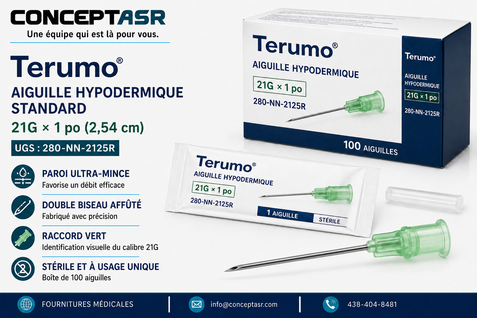 Aiguille hypodermique standard Terumo 21G × 1 po à paroi ultra-mince avec raccord vert, stérile, boîte de 100, UGS 280-NN-2125R.
