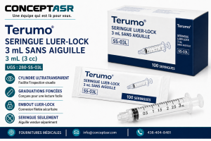 Seringue Terumo 3 mL sans aiguille avec embout Luer-Lock, boîte de 100 unités