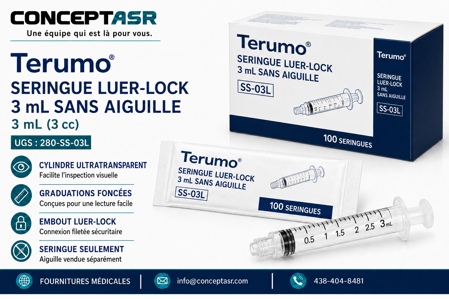 Seringue Terumo 3 mL sans aiguille avec embout Luer-Lock, boîte de 100 unités