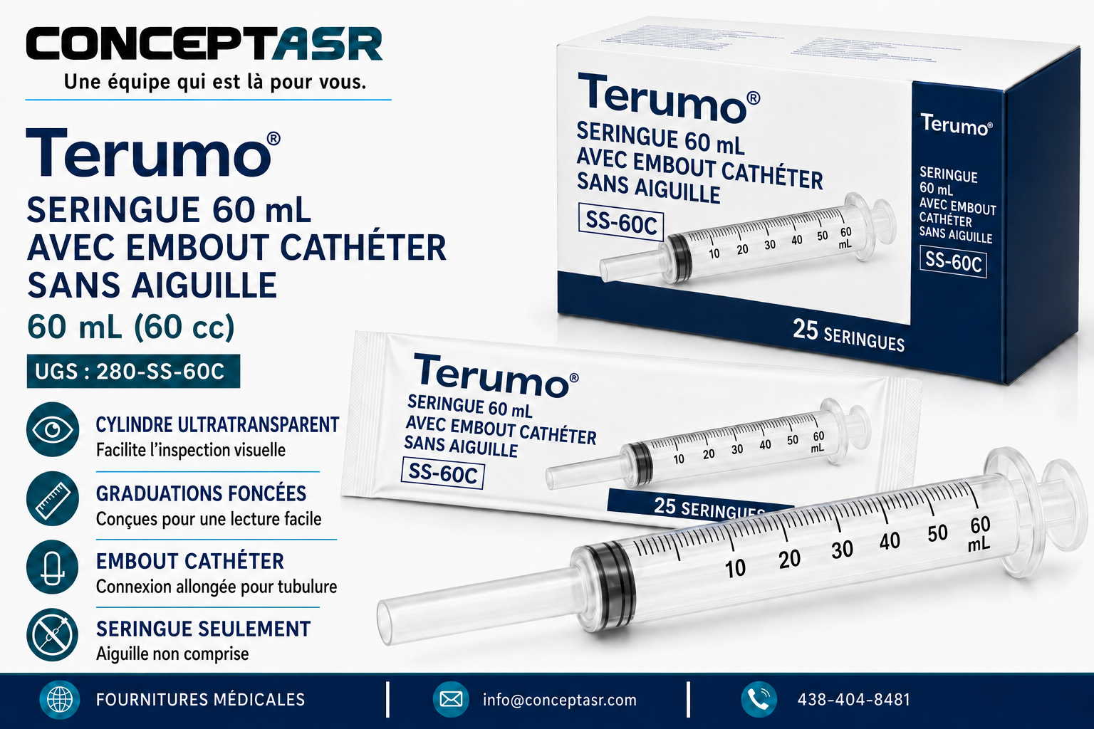 Seringue Terumo 60 mL sans aiguille avec embout cathéter, boîte de 25 unités