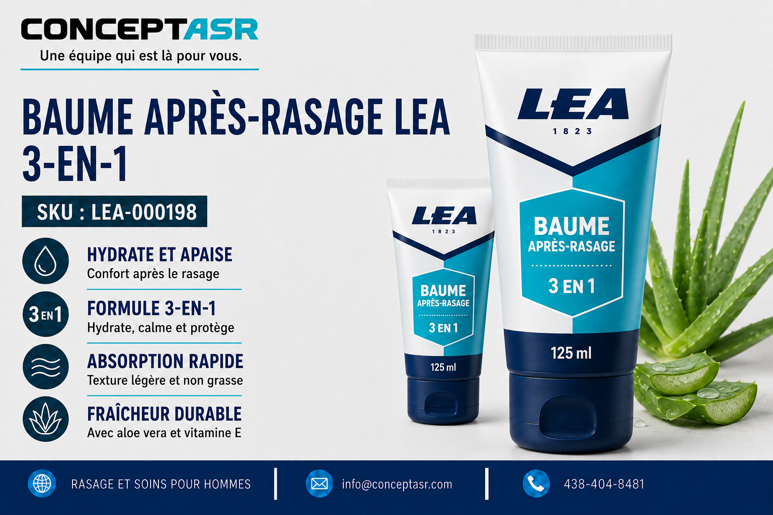 Baume après-rasage peau sensible LEA 3-en-1 avec aloe vera, tube de 125 ml