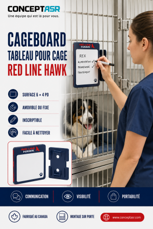 Tableau vétérinaire pour cage CageBoard installé sur une porte de cage