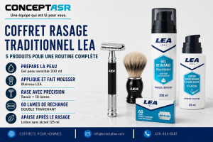 Coffret rasage traditionnel LEA avec rasoir, blaireau, gel, lotion et 70 lames