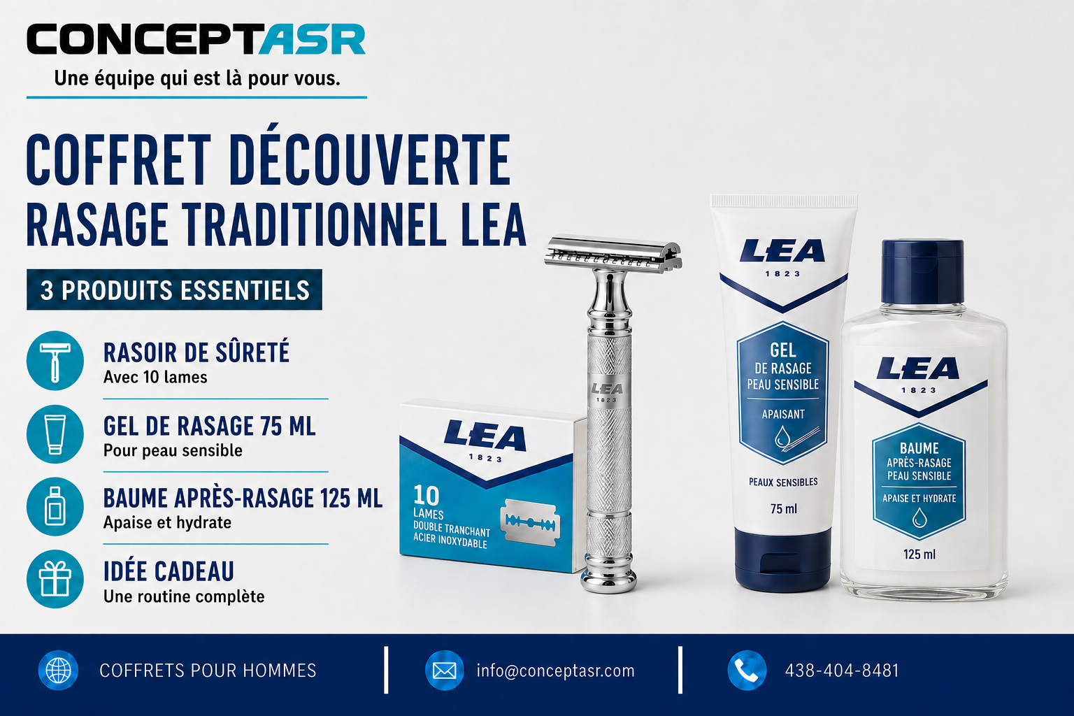 Coffret rasage traditionnel homme LEA avec rasoir de sûreté, 10 lames, gel de rasage et baume après-rasage